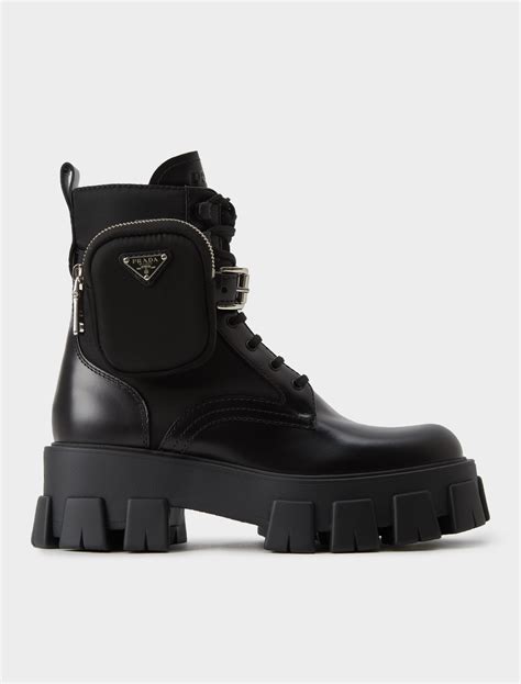 prada leather combat boots with removable nylon pouch|Prada wingtip ankle boots.